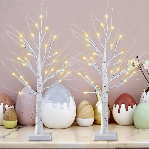 Miniatura 2 de Paquete de 2 árboles de abedul iluminados de 2 pies con temporizador para decoraciones navideñas de interior, árbol de abedul artificial con 48