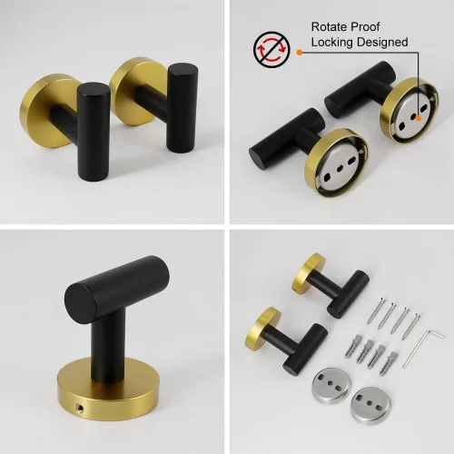 Miniatura 7 de Juego de accesorios de baño de 3 piezas, color negro y dorado, para montar en la pared, incluye soporte para papel higiénico, 2 ganchos para toallas
