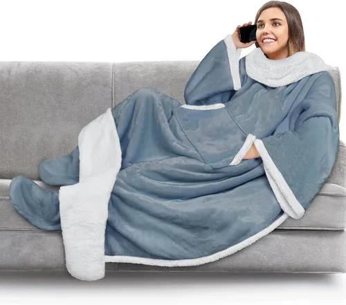 Miniatura 25 de PAVILIA Manta de forro polar con mangas, bolsillos para los pies para mujeres, hombres y adultos, manta de felpa para llevar, cálida manta