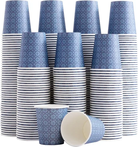 Clawsoff Paquete de 300 tazas de papel de 5 onzas, tazas desechables para baño con diseño floral azul marino pequeño, tazas de enjuague bucal de 5