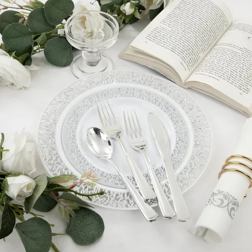 Miniatura 6 de WELLIFE 350 piezas de vajilla desechable de plástico plateado, incluye: 50 platos de cena, 50 platos de postre, 50 vasos, 50 servilletas enrolladas