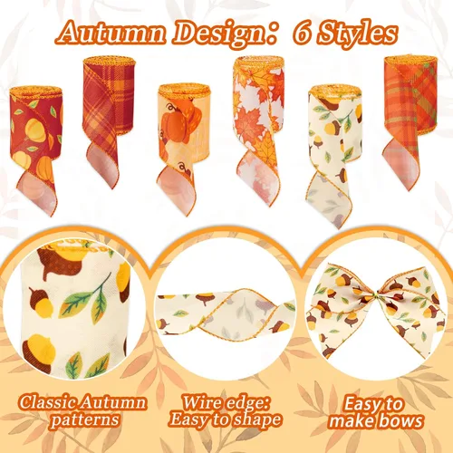 Miniatura 3 de Whaline 6 rollos de cinta de 30 yardas de otoño con borde de alambre de Acción de Gracias de otoño, naranja, a cuadros, calabaza, hojas de arce