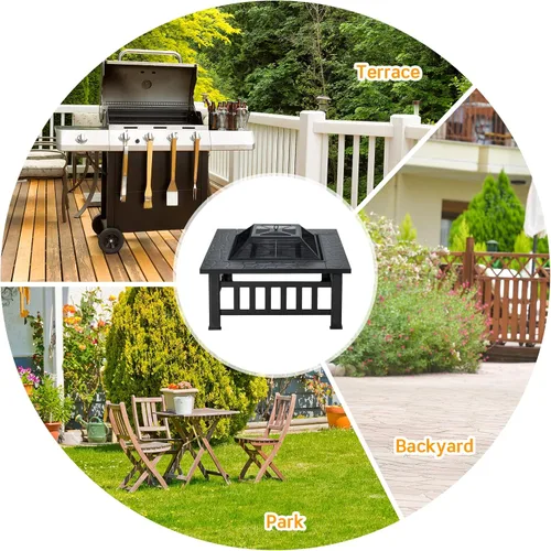 Miniatura 9 de Tangkula Chimenea 3 en 1 para exteriores, chimenea cuadrada de acero de 32 pulgadas con pantalla de chispa, rejilla de troncos, parrilla