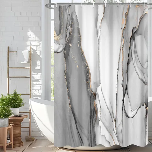 Miniatura 26 de Cortina de ducha abstracta de mármol negro gris y dorado con grietas, cortina de baño moderna ombre impresa, cortina impermeable y lavable de tela