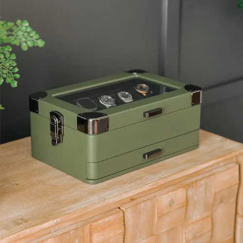Miniatura 16 de CASE ELEGANCE Black Edition - Caja de reloj militar con 10 ranuras para hombres, parte superior de cristal real, bandeja modular de valet