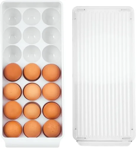 Miniatura 4 de iDesign - Soporte de plástico para huevos para refrigerador con tapa, contenedor de almacenamiento de 21 huevos, transparente y blanco