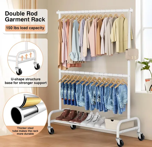Miniatura 8 de MISSLO Percheros resistentes para colgar ropa perchero rack de ropa con ruedas de metal, ajustable, blanco y plateado