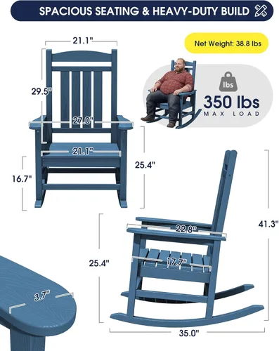 Miniatura 3 de KINGYES Mecedoras de polietileno de alta densidad para exteriores, sillas mecedoras para patio con soporte de 330 libras, balancín suave para porche