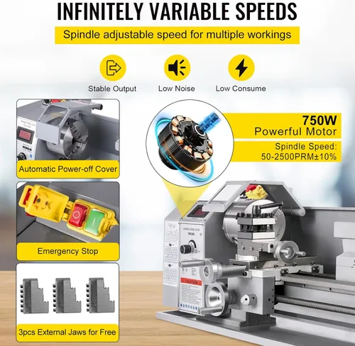 Miniatura 4 de VEVOR Torno de metal, Mini máquina de torno de 210x720, Cambio de velocidad variable de 2500 RPM, Mini torno de precisión de 750W, Torno de trabajo