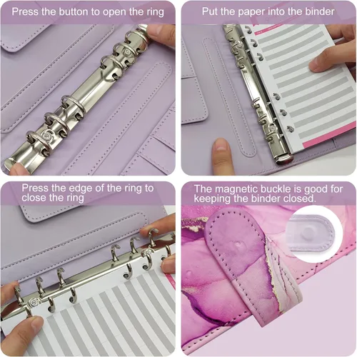 Miniatura 6 de Carpeta A6 recargable de piel sintética con 6 anillas, cubierta para cuaderno pequeño para papel de relleno A6, cubierta de planificador personal