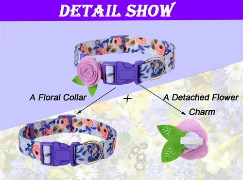 Miniatura 5 de Paquete de 2 collares de primavera para perros pequeños, collar de perro floral de liberación rápida con lazo de flores