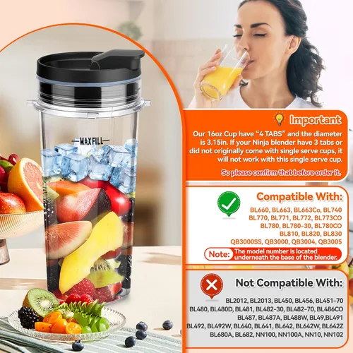 Miniatura 2 de 2 vasos de repuesto para licuadora de 16 onzas para Ninja, vaso de licuadora de una sola porción con 4 tapas de sellado para BL660 BL663 L740 BL770