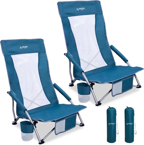 Miniatura 18 de Sillas de playa plegables bajas para adultos, silla de camping portátil ligera con soporte para tazas, silla de campamento plegable para conciertos