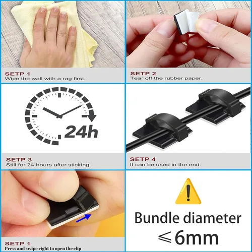 Miniatura 5 de Clips adhesivos para cables de gestión de cables, 50 unidades, color negro, adecuado para cables con un diámetro de ≤ 0.236 in en automóviles, casas