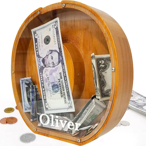 Miniatura 50 de Alcancía para niños y niñas, alcancía grande de madera personalizada con diseño recortado, bancos de monedas con letras del alfabeto, caja de ahorro