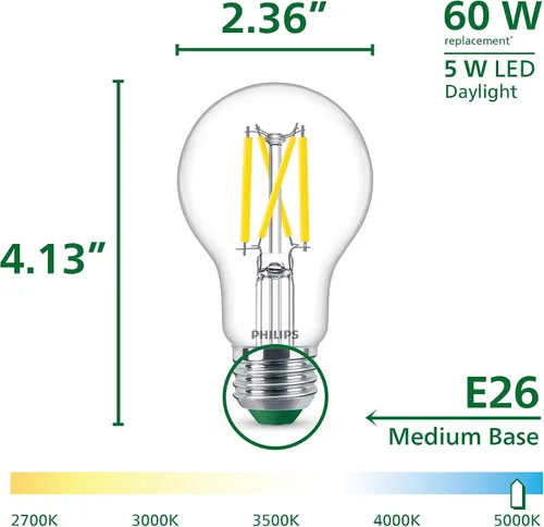 Miniatura 3 de PHILIPS LED 60W A19 Paquete de 8 bombillas LED de luz diurna ultraeficientes (5000K) 850 lúmenes (5W = 60W) bombillas LED regulables, claras, sin