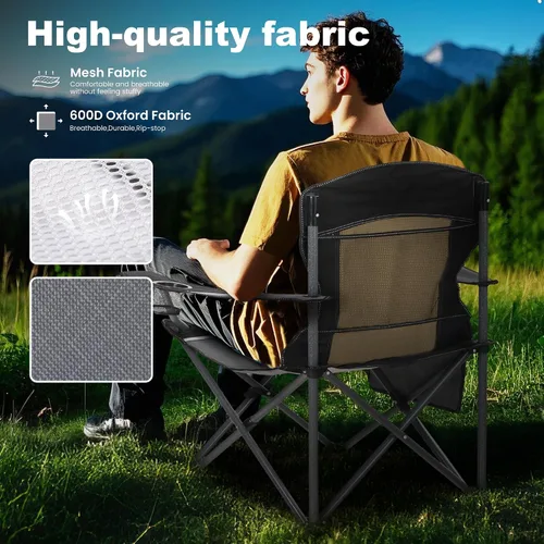 Miniatura 5 de LET'S CAMP Paquete de 2 sillas de campamento con respaldo de malla, portátil, plegable, resistente, para exteriores, 330 libras, silla de brazo Negro