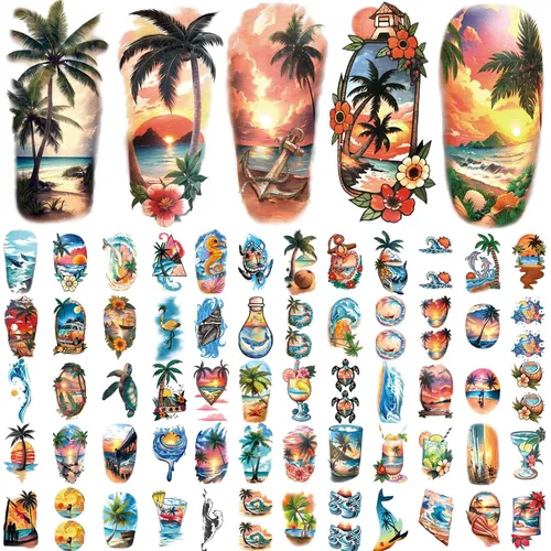 Miniatura 2 de 77 hojas de tatuajes temporales para mujeres y hombres, 17 hojas de tatuajes falsos de medio brazo de flores de playa, calaveras, atardeceres, 60