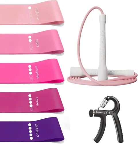 Miniatura 10 de Paquete de energía de fitness 3 en 1: juego de 5 bandas de resistencia + cuerda de salto de velocidad + agarre ajustable para la mano, combo