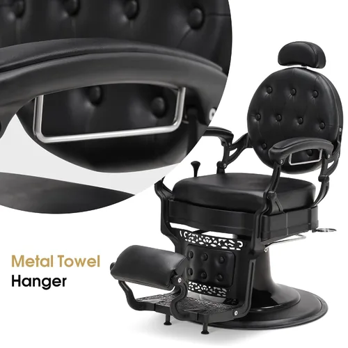 Miniatura 7 de BarberPub Silla de peluquero resistente para hombres con reposacabezas, sillas reclinables hidráulicas de metal antiguo multiusos, equipo de negro