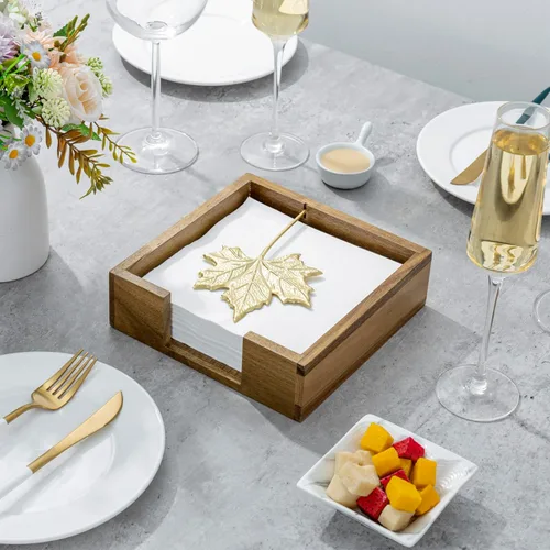 Miniatura 4 de MyGift Servilletero de mesa de madera de acacia de alta calidad, dispensador de servilletas cuadrado rústico con brazo decorativo de hoja de arce
