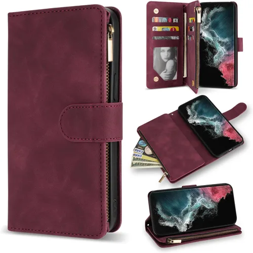 Miniatura 13 de ZZXX Funda para Samsung Galaxy S22 Plus con ranura para tarjeta, piel sintética suave de alta calidad, con cremallera, con correa para la muñeca