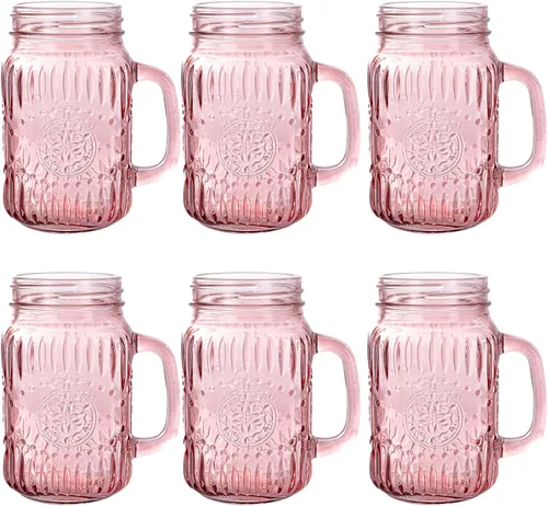 Miniatura 10 de SUT Mason Jar - Vasos para beber con asa, paquete de 6, 16 onzas, tazas de tarro Mason en relieve vintage para café helado, jugo, té y cerveza