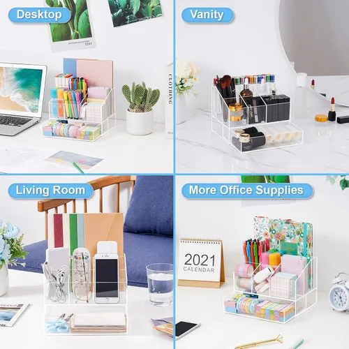 Miniatura 5 de VITVITI Organizador de escritorio acrílico, organizador de lápices transparente mejorado para escritorio, 7 compartimentos estacionarios