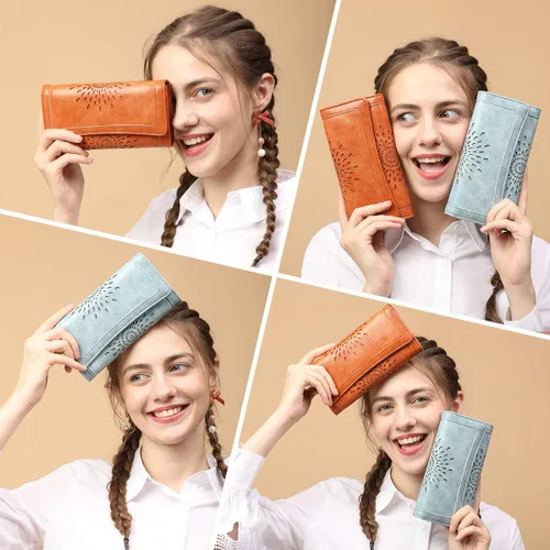 Miniatura 2 de Aphison - Cartera larga de cuero suave RFID para mujer, con caja de regalo