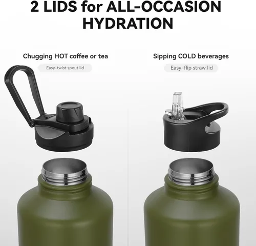 Miniatura 3 de Botella de agua aislada de 64 onzas con tapas de pajita y boquilla, jarra de agua de acero inoxidable de medio galón con mango de paracord, vacío