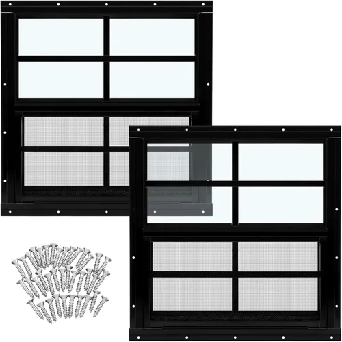 Tandefio Paquete de 2 Ventanas de Cobertizo Empotradas de 16 x 16 pulgadas de color negro con vidrio templado y malla para el hogar, ventanas