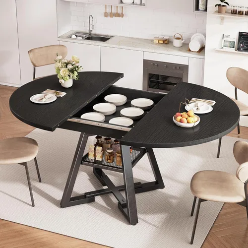 Miniatura 5 de Mesa de comedor redonda extensible de 43 a 57 pulgadas para 4-6, moderna mesa de comedor ovalada de cocina industrial con hojas extraíbles, base