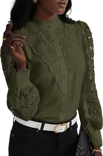 Miniatura 16 de Rooscier Blusa Elegante de Encaje de Crochet con Cuello Alto Simulado de Manga Larga con Botones para Mujer Top