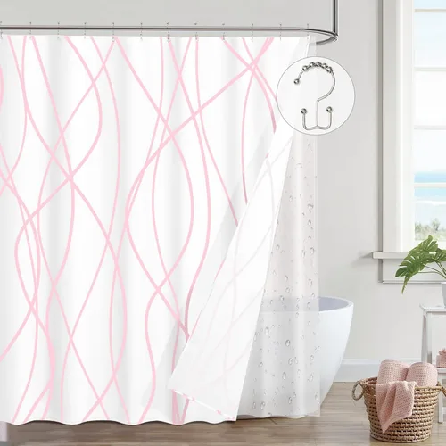 Miniatura 9 de ORTIGIA Cortina de ducha a rayas negras, cortina de baño de tela de poliéster impermeable de 72 x 72 pulgadas, con forro de PEVA y 12 ganchos