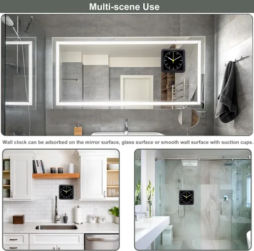 Miniatura 5 de Reloj de pared impermeable para baño, reloj de pared negro para interiores con ventosa, movimiento de cuarzo, marco de plástico, opción flexible