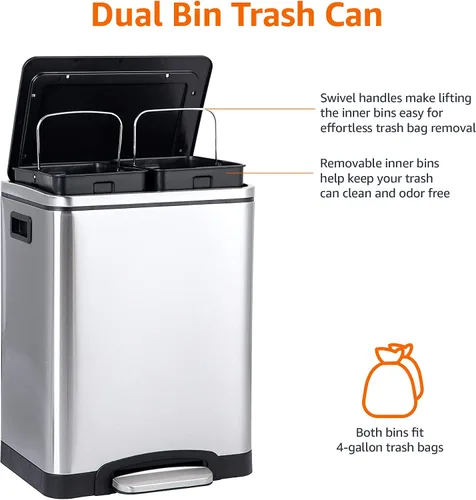 Miniatura 2 de Amazon Basics - Papelera doble de 30L con pedal de cierre suave - 2 contenedores de 15 litros, acero inoxidable, contenedores internos pequeños
