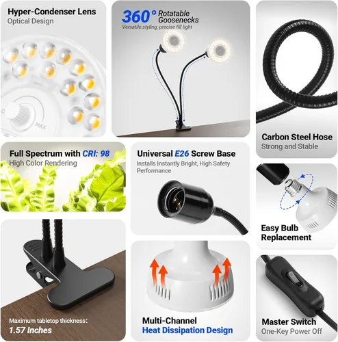 Miniatura 10 de Barrina Orbgrow OG11A2 - Luces de cultivo con clip para plantas de interior, atenuación y sincronización continuas integradas, 4000 K 22 W