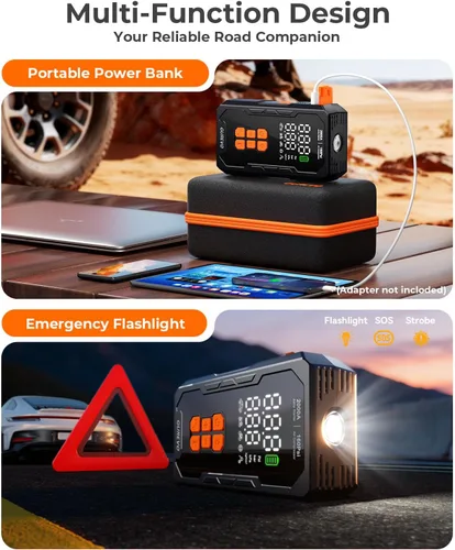 Miniatura 6 de Arrancador de 2000 A con compresor de aire, arrancador de batería de automóvil portátil con inflador de neumáticos de apagado automático de 160 PSI