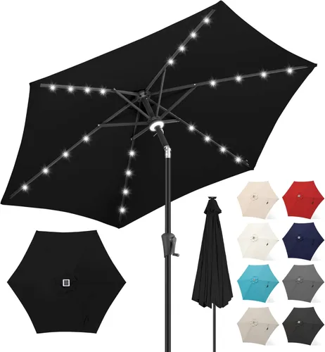 Miniatura 17 de FLAME&SHADE Sombrilla de patio con luz solar de 7.5 pies, 24 luces LED, sombrilla para exteriores con luz envolvente central, sombrilla de mesa
