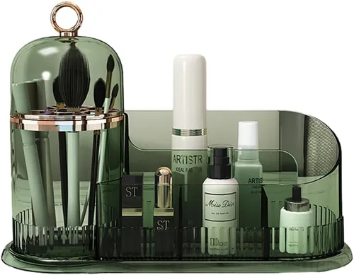 Organizador de maquillaje, organizador de cuidado de la piel con soporte para cepillo, almacenamiento dividido para cosméticos, almacenamiento de