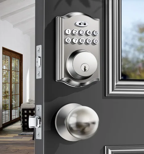 Miniatura 9 de Cerradura de puerta de entrada sin llave con 2 perillas, cerrojo electrónico retroiluminado con asa, bloqueo automático, códigos únicos, cerrojo