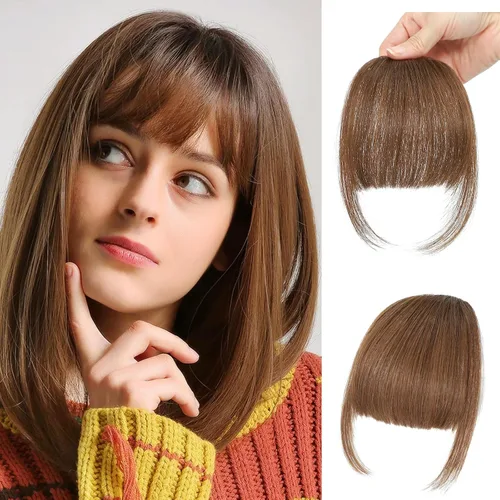 Miniatura 25 de Flequillo con clip de cabello 100 % humano, cortina de adelgazamiento de aire para mujer, plana natural, curvada, delgada, falsa rubio ceniza