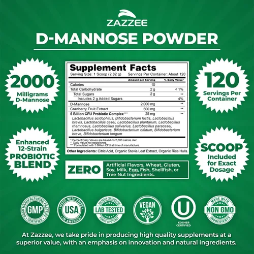 Miniatura 3 de Zazzee D-Mannose Powder Plus, 2000 mg, 120 porciones, potente y de acción rápida, más 5 mil millones de probióticos CFU y extracto de jugo