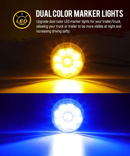 Miniatura 2 de Partsam 10 luces marcadoras redondas de doble revolución de 2 pulgadas, 9 LED, luces laterales ámbar a luces auxiliares azules para camión de ámbar