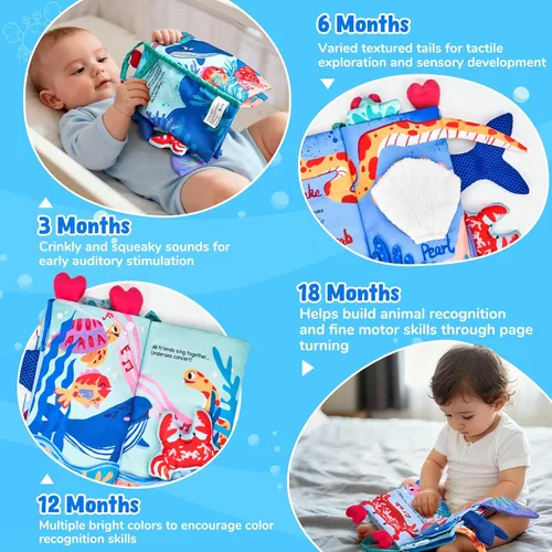 Miniatura 9 de JoyCat Ocean Libros de Bebé Juegos 0-6 Meses, Libros de Tela para Baby Shower Regalos para Recién Nacidos para Niños Niñas Relleno de Medias, Libro
