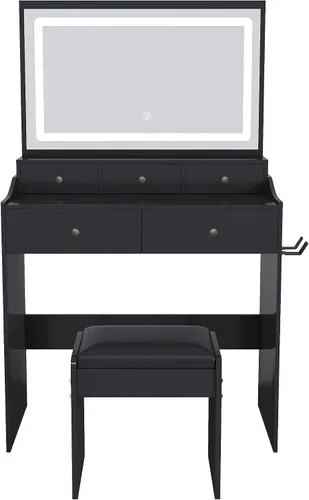 Miniatura 9 de Escritorio de tocador con espejo de luz LED, mesa de tocador de maquillaje con taburete, 5 cajones, soporte para secador de pelo, toma de corriente