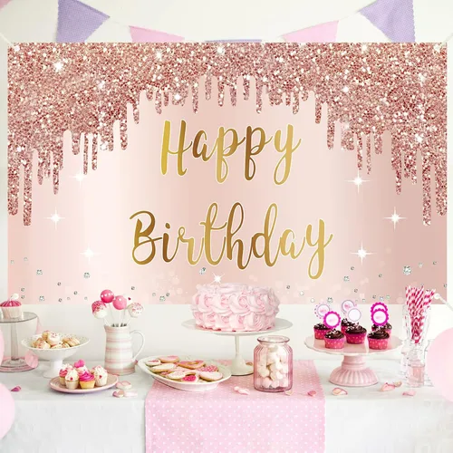 Miniatura 4 de Cartel de feliz cumpleaños de oro rosa y decoraciones de fondo para niñas y mujeres, suministros de letrero de fiesta temática rosa, gran póster
