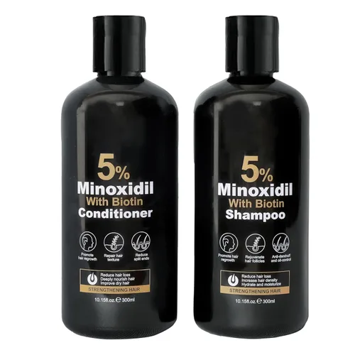Minoxidil - Juego de champú y acondicionador para el crecimiento del cabello, biotina, ginseng y jengibre, soporta un cabello más grueso y lleno,