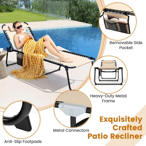 Miniatura 7 de Goplus Tumbona para exteriores, silla de playa plegable extragrande de 5 posiciones con almohada desmontable, bolsillo lateral, silla de bronceado