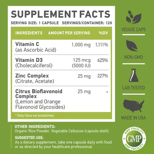 Miniatura 5 de C D Z Vitamina C, 1000 mg Vitamina D3, 125 mcg Zinc, 25 mg Sin OMG y sin gluten 120 cápsulas vegetarianas 120 porciones